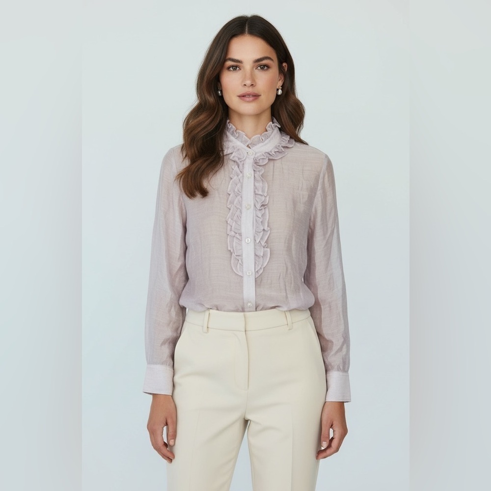 Cremieux Light Pink Ruffled Sheer Blouse Women’s Size 14 Button Front Top